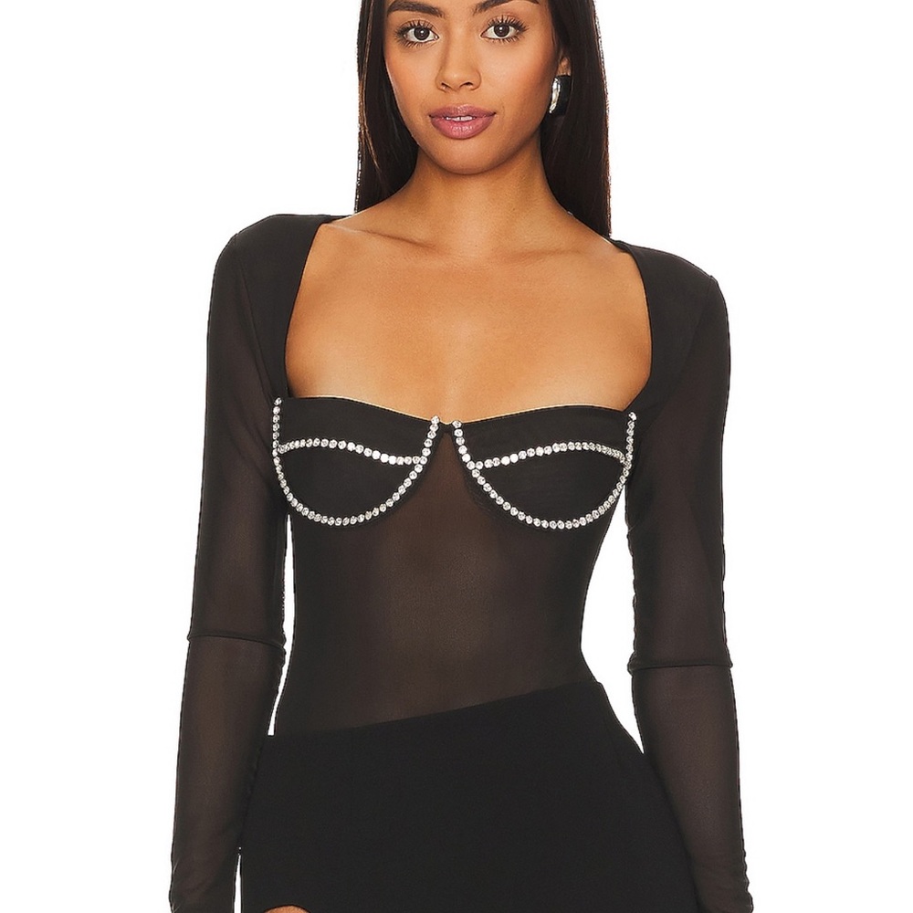 Sheer Black Long Sleeve Bodysuit with Rhinestone Detail